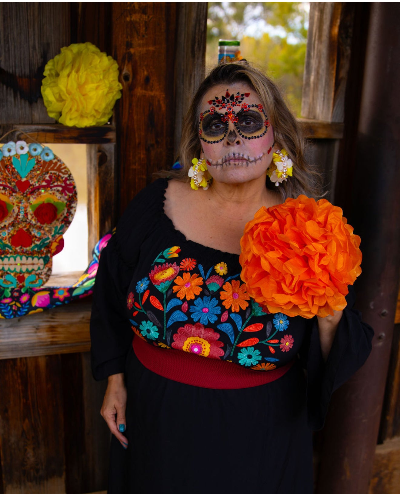 Multicolored Rhinestone and Fabric Dia de Los Muertos earrings