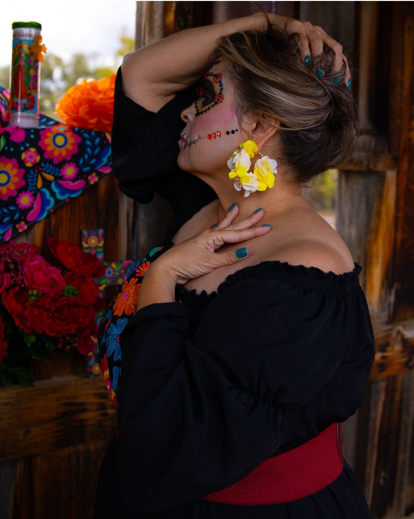 Multicolored Rhinestone and Fabric Dia de Los Muertos earrings