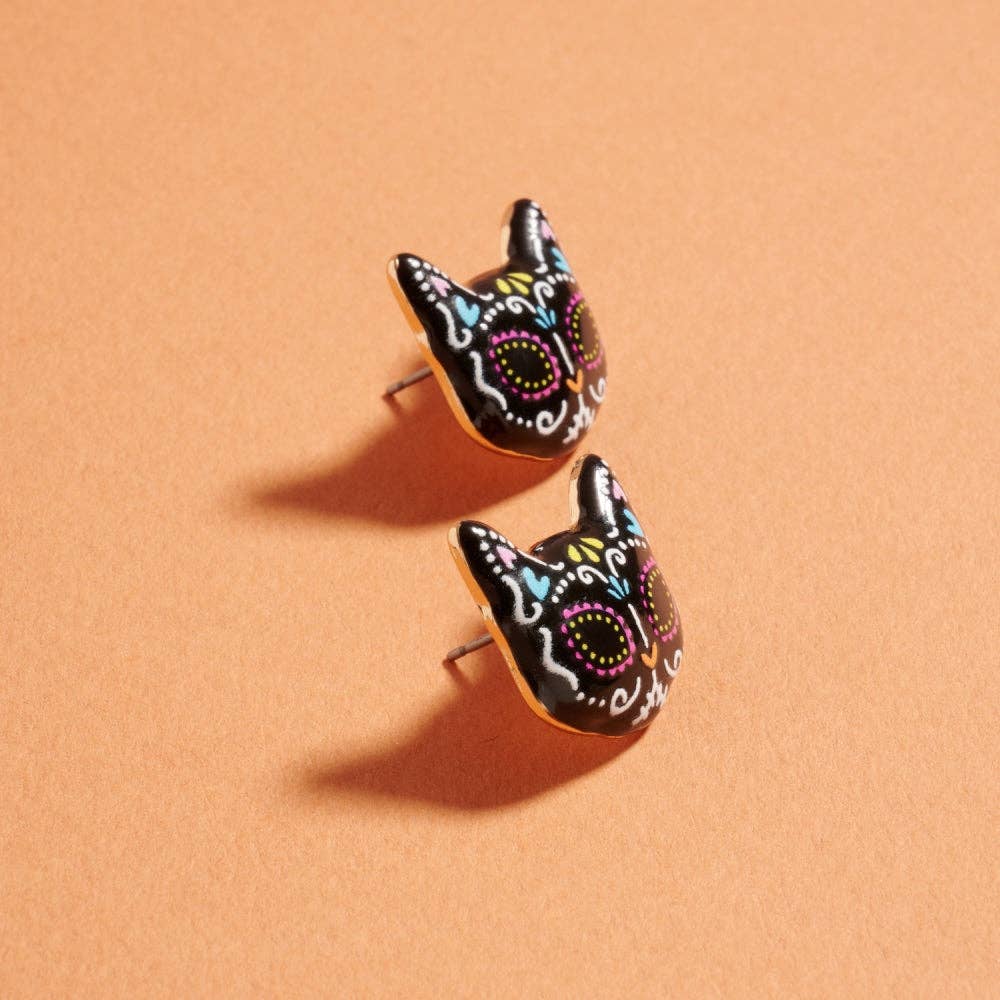 Day of the Dead Cat Skull Stud Earrings Halloween: Jet Black / ONE