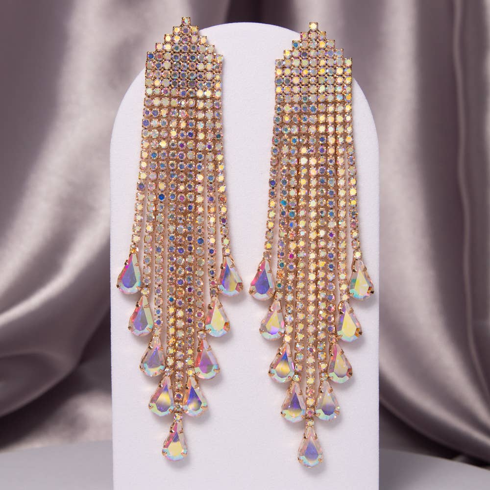 Crystal Rhinestone Waterfall Tassel Earrings: Iridescent