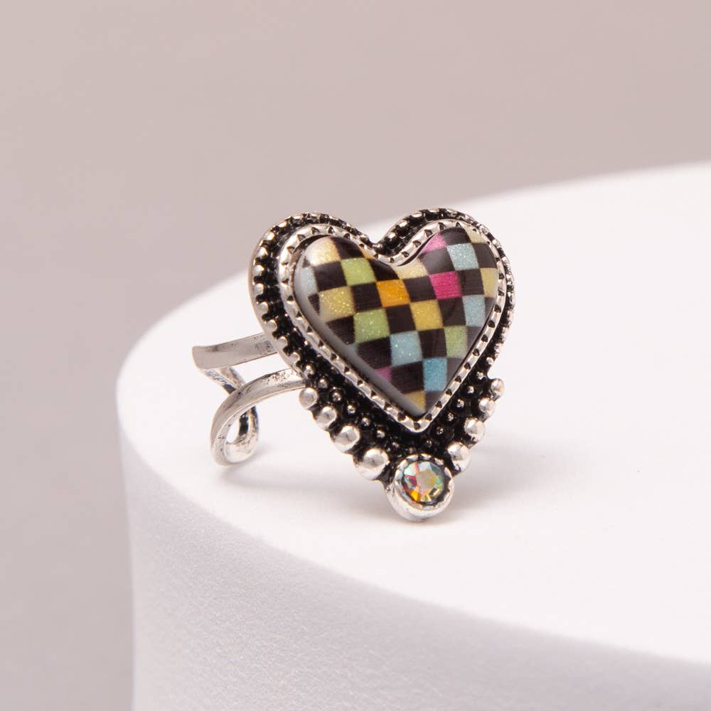 Western Rainbow Checkered Heart Cuff Ring