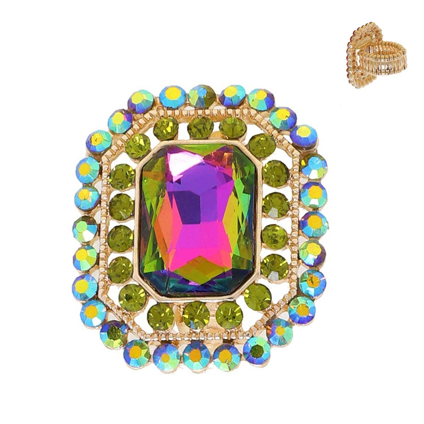 Rectangular Octagon Rhinestone Gem Halo Cocktail Ring: Rainbow