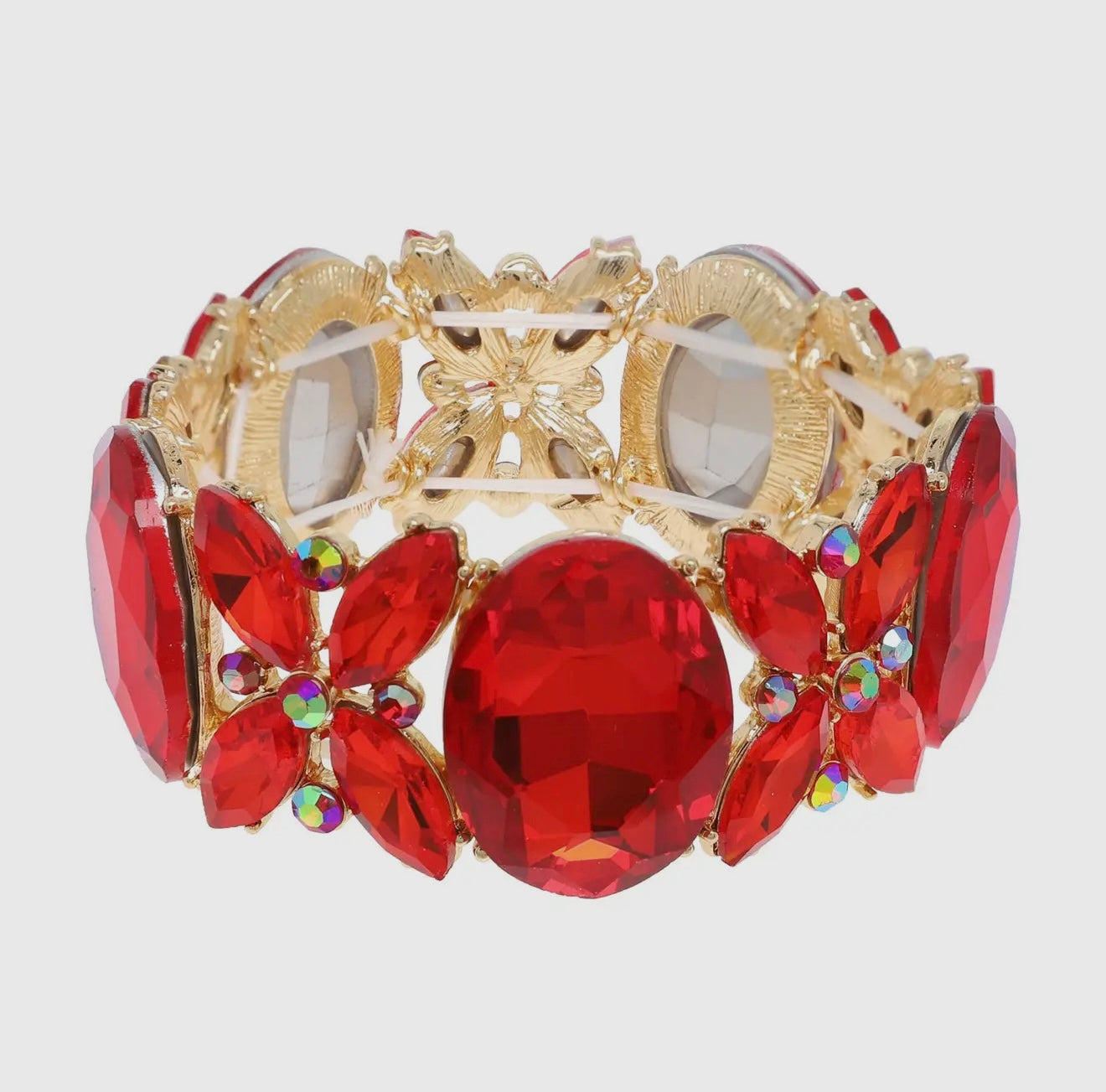 Red Crystal gemstone oval flower cluster bracelet