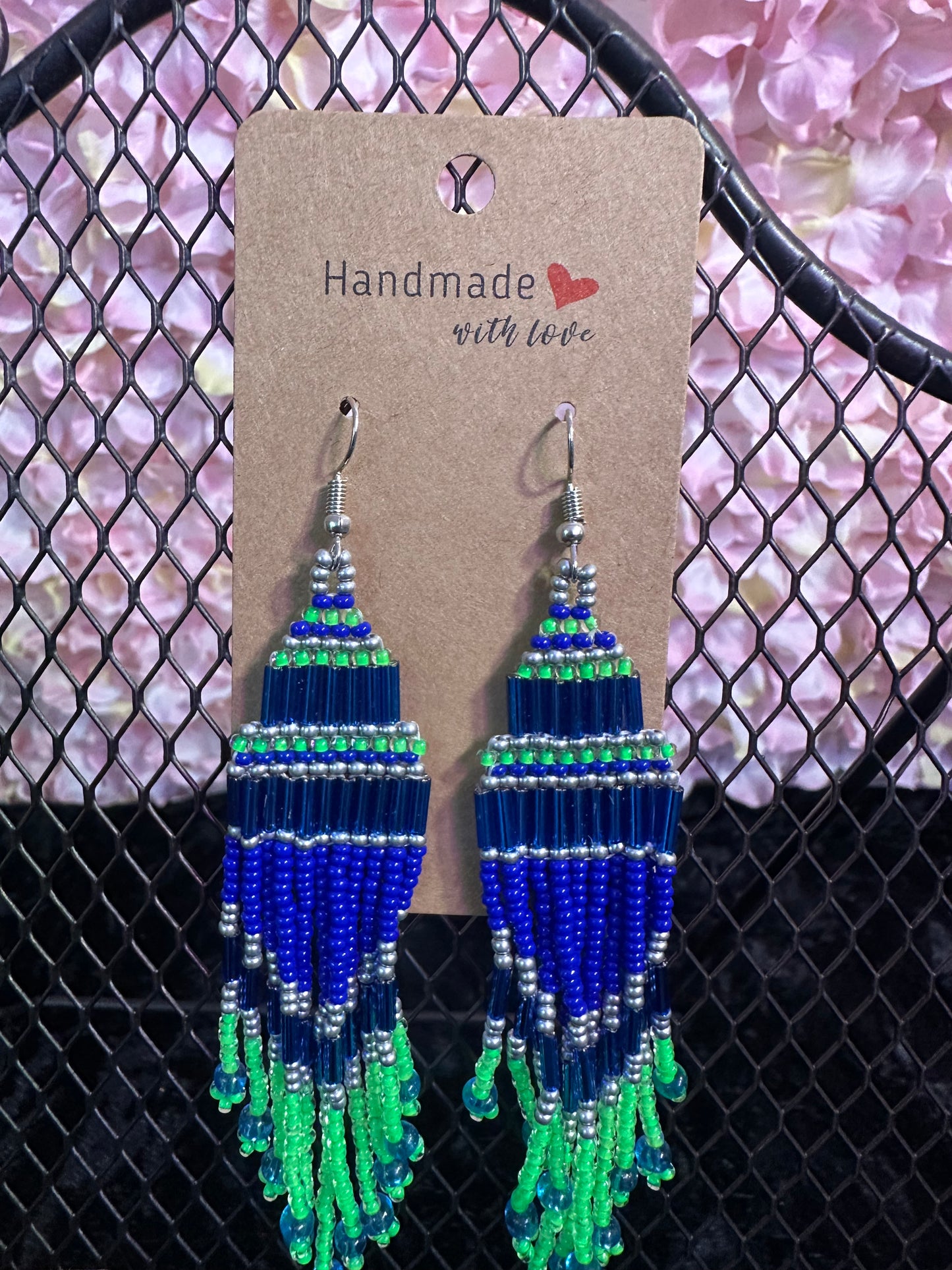 Blue neon green beaded 2” long earrings