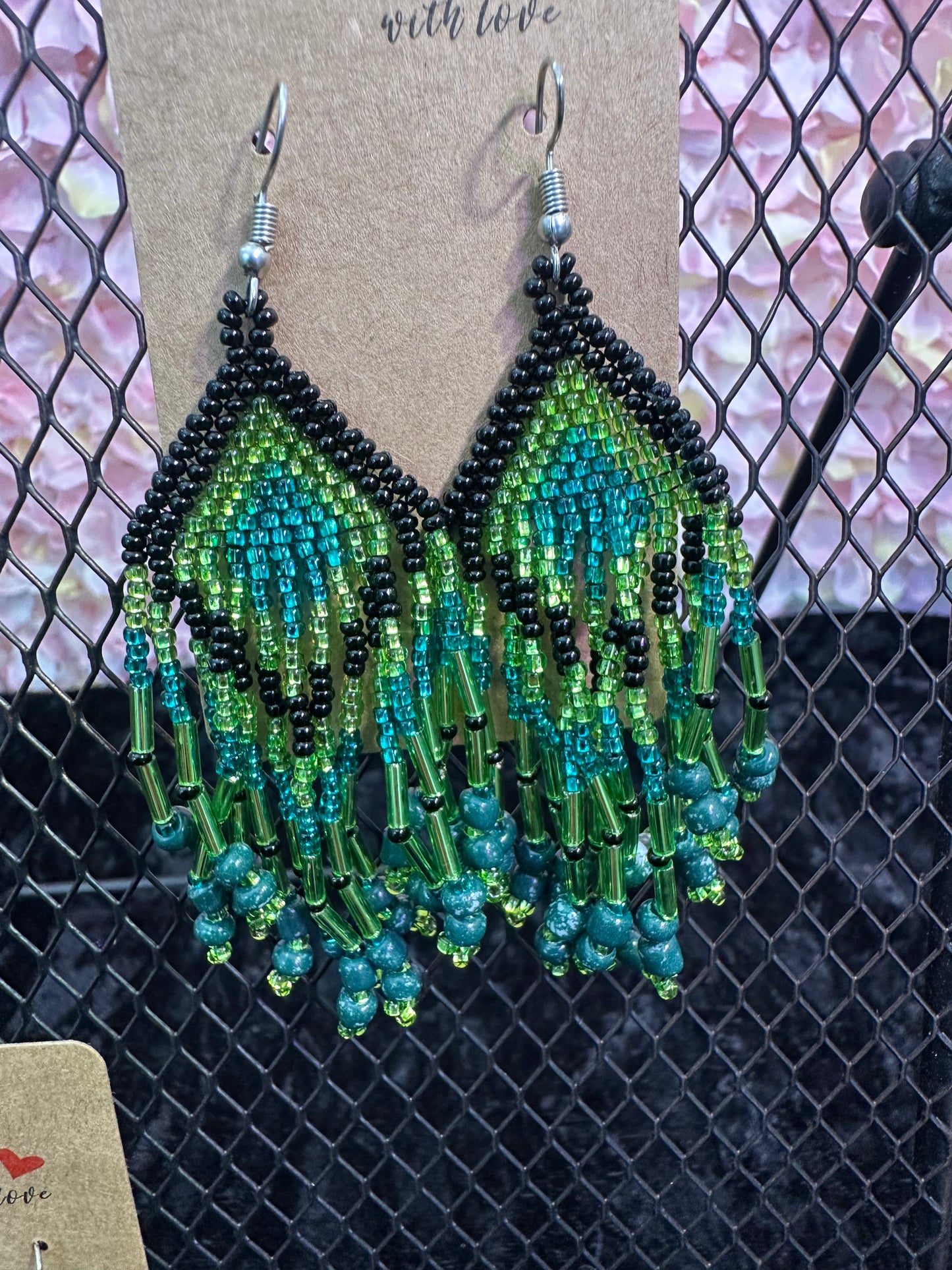 Blue green and black 2” beaded earrings *clearance