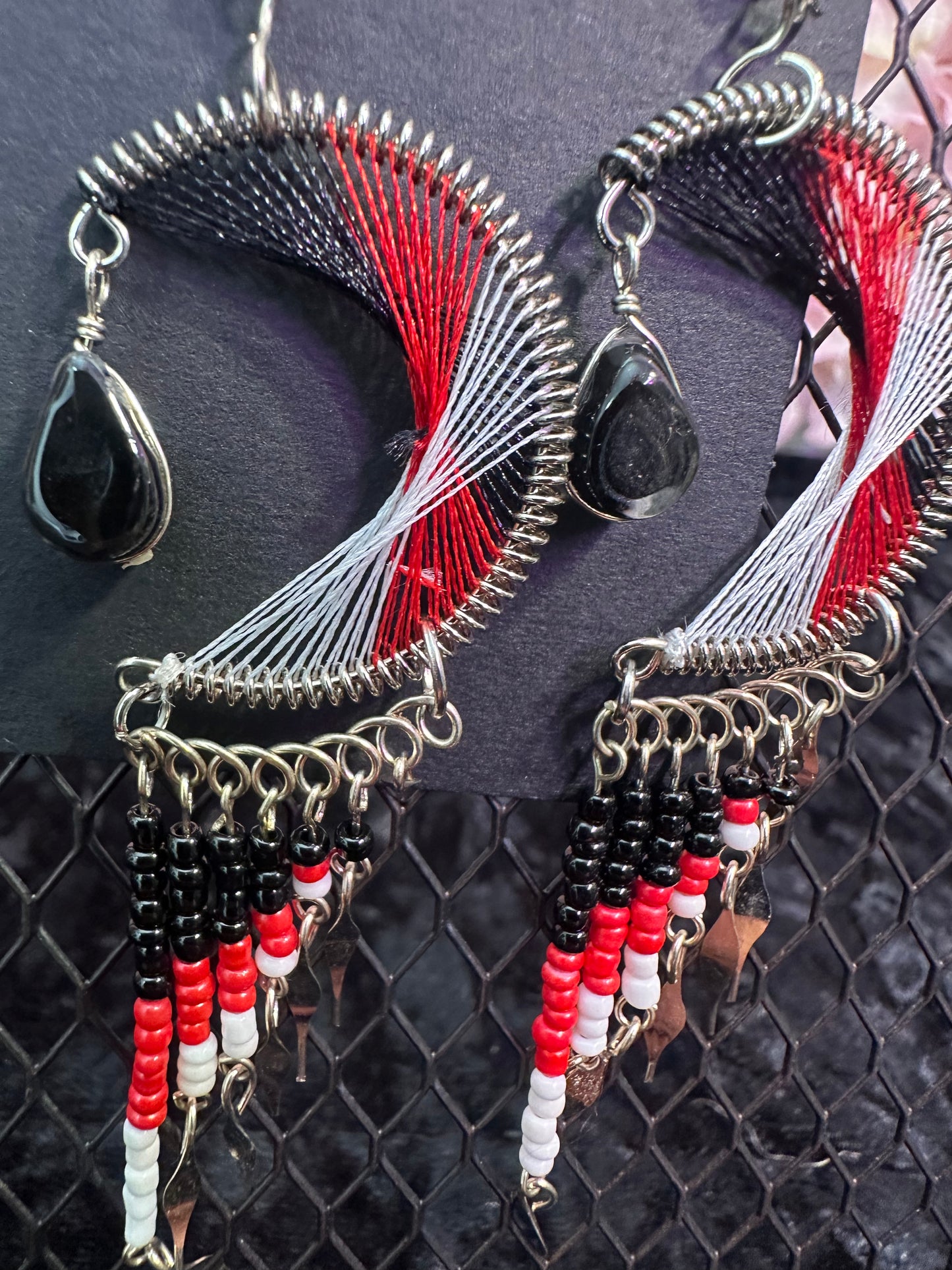 Red black evil eye moon beaded earrings