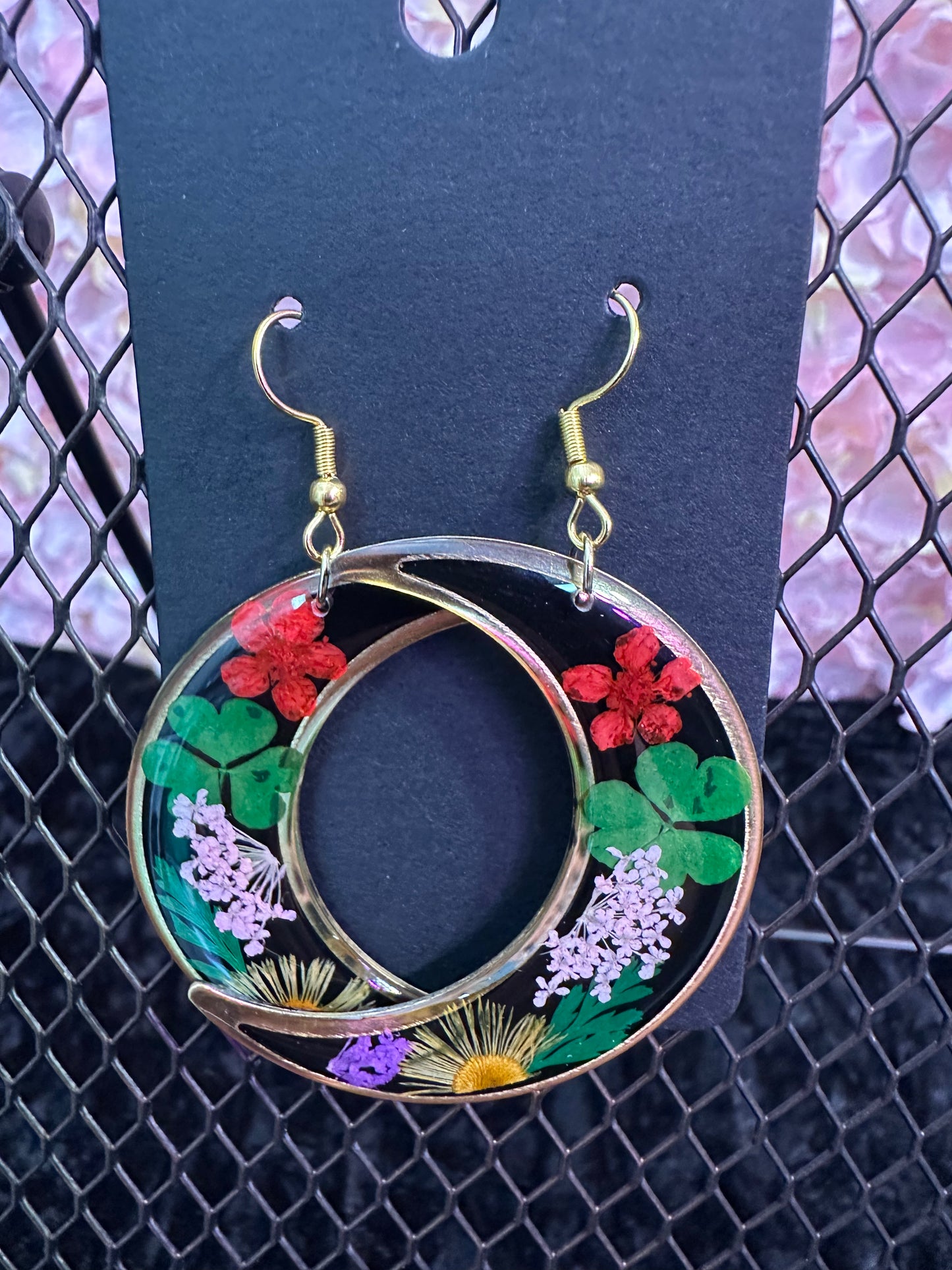 Black half moon pressed flower earrings