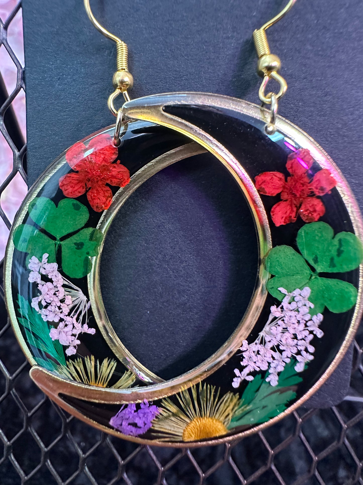 Black half moon pressed flower earrings