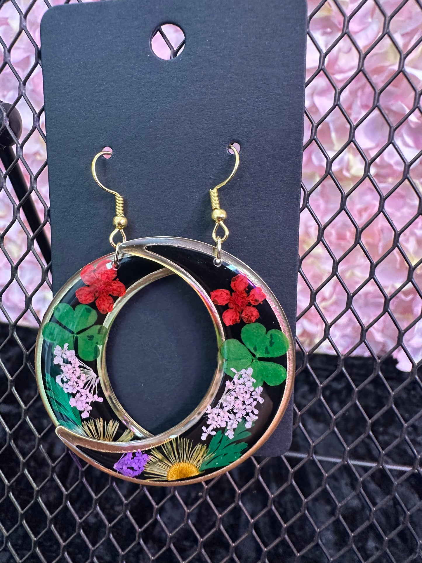 Black half moon pressed flower earrings