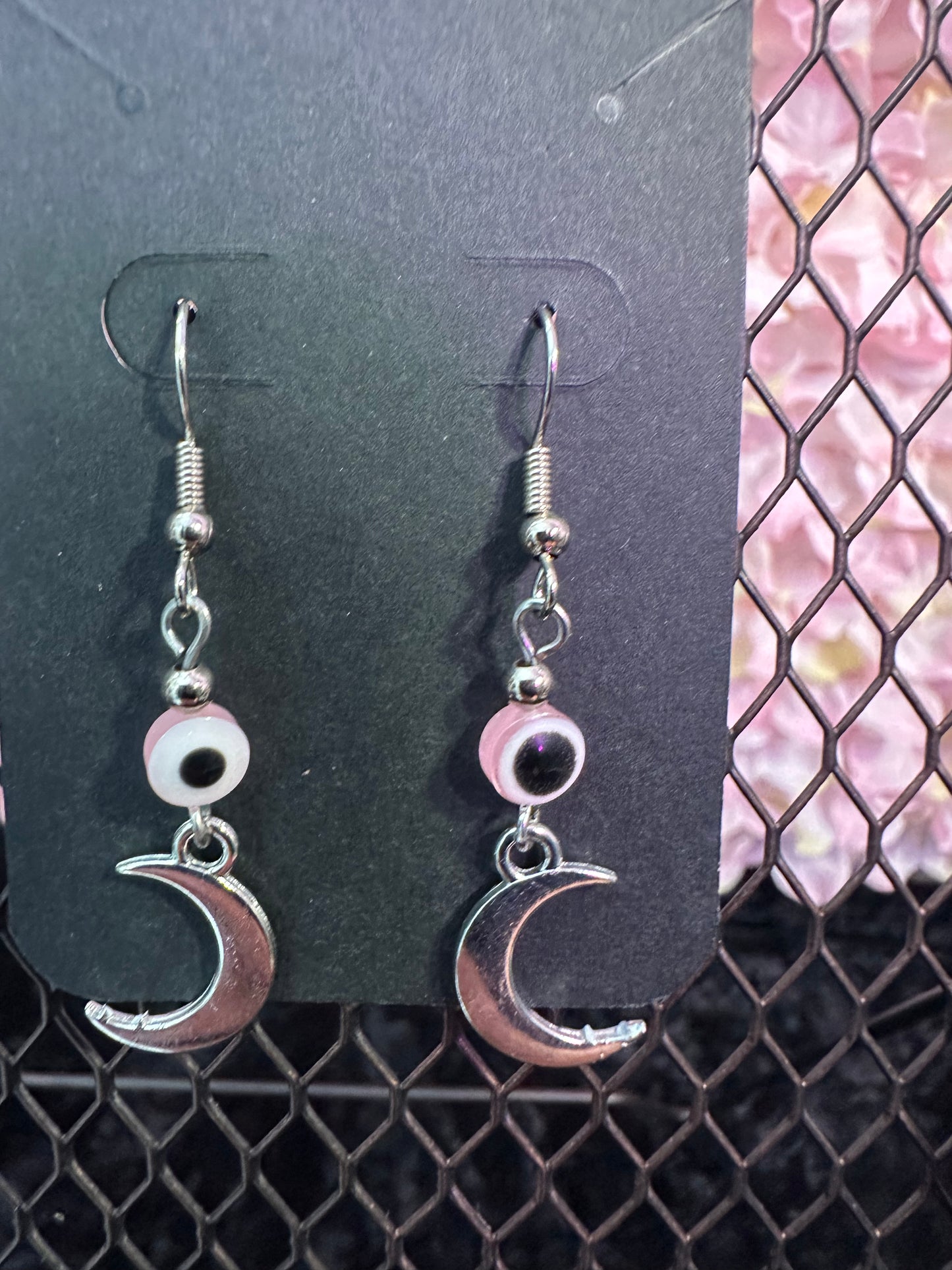 Evil eye crescent moon bead earrings pink