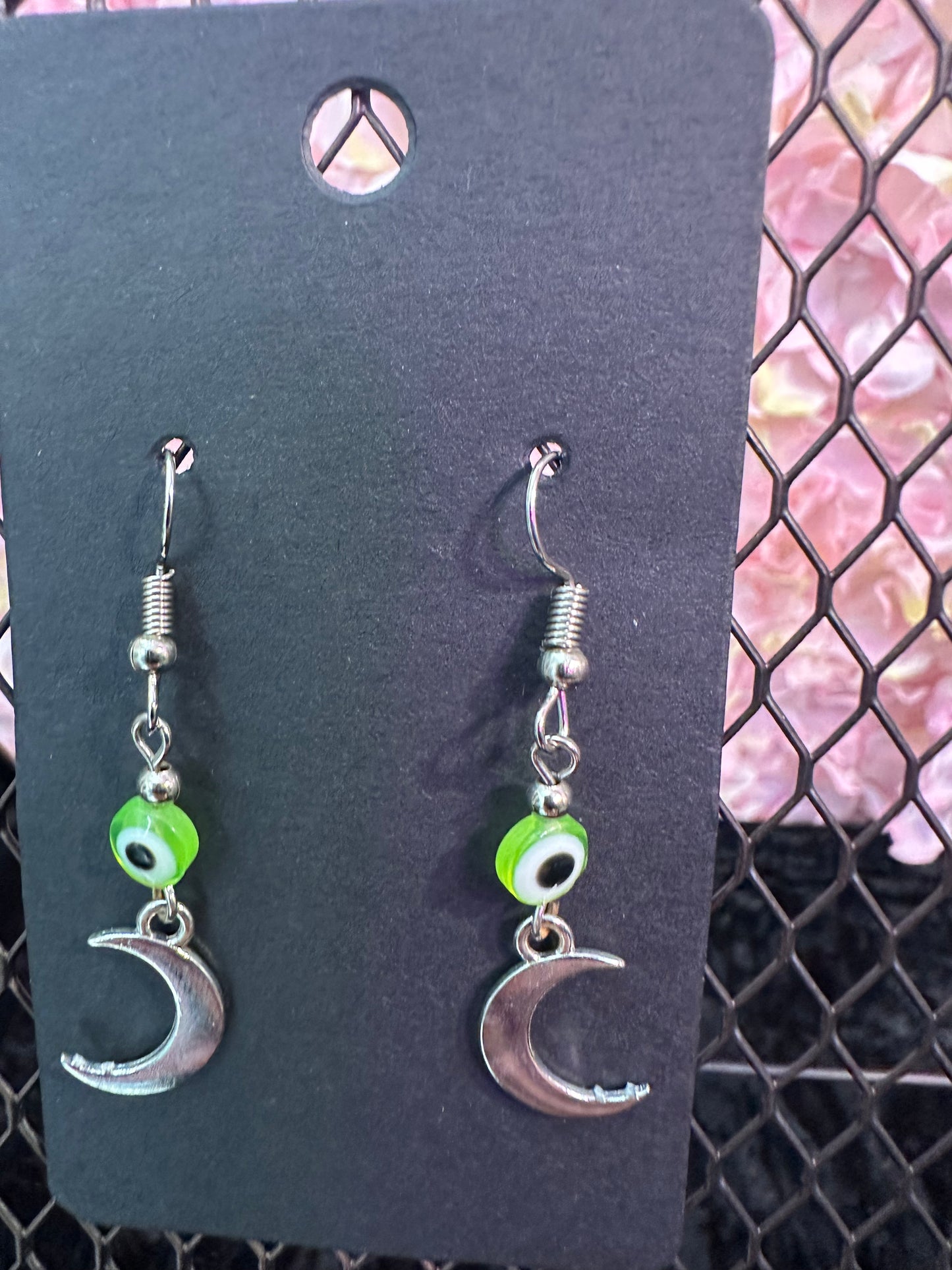 Evil eye crescent moon bead earrings neon green