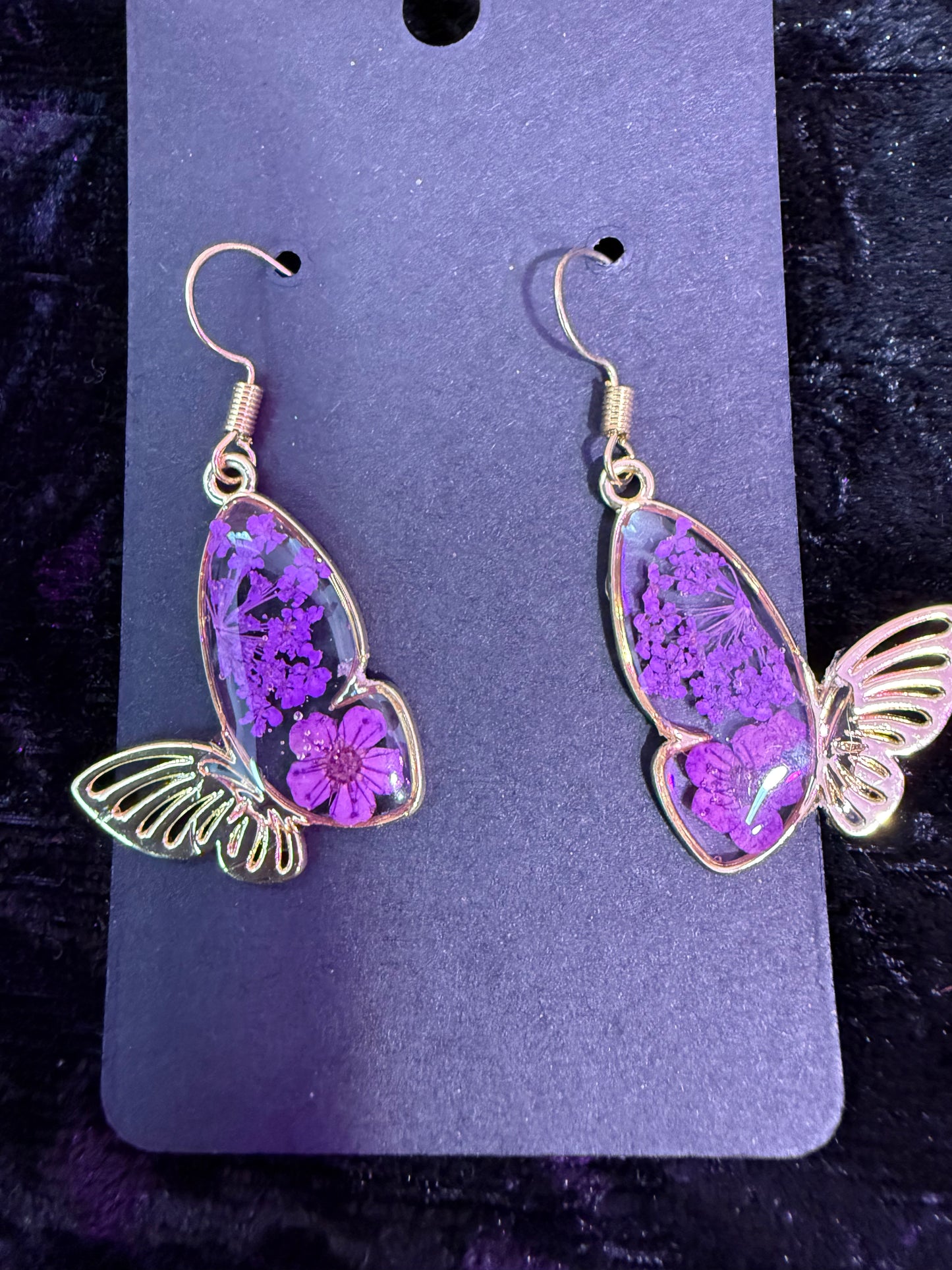 Purple dried flower butterfly earrings