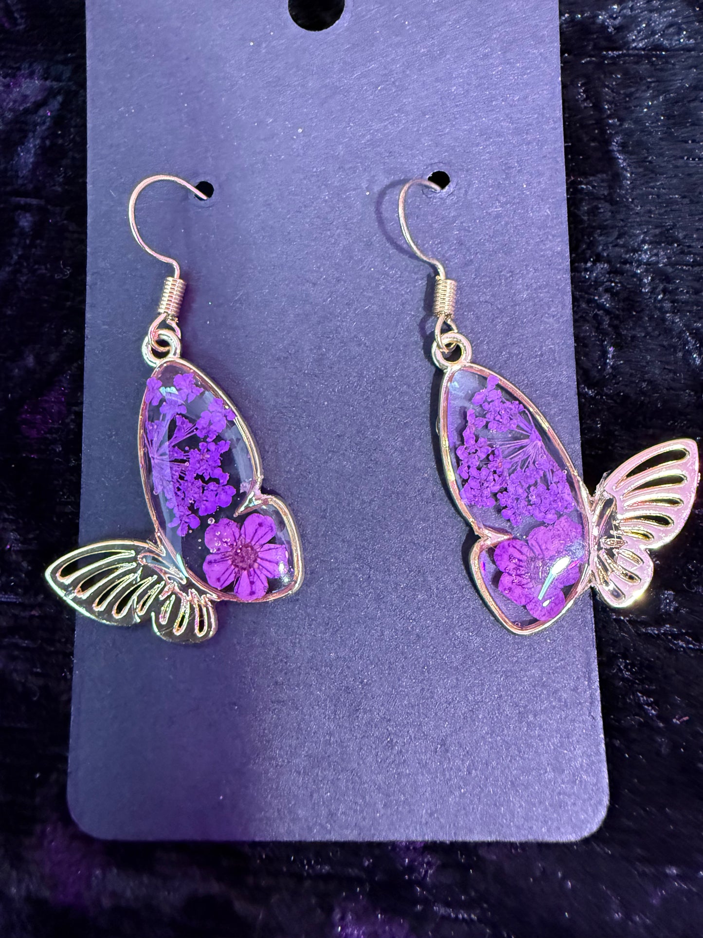 Purple dried flower butterfly earrings