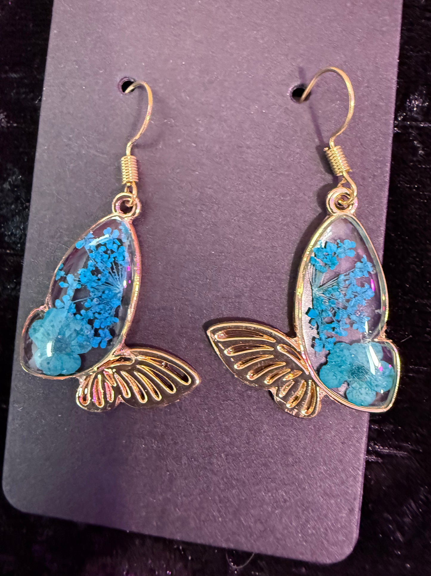 Teal dried flower butterfly earrings