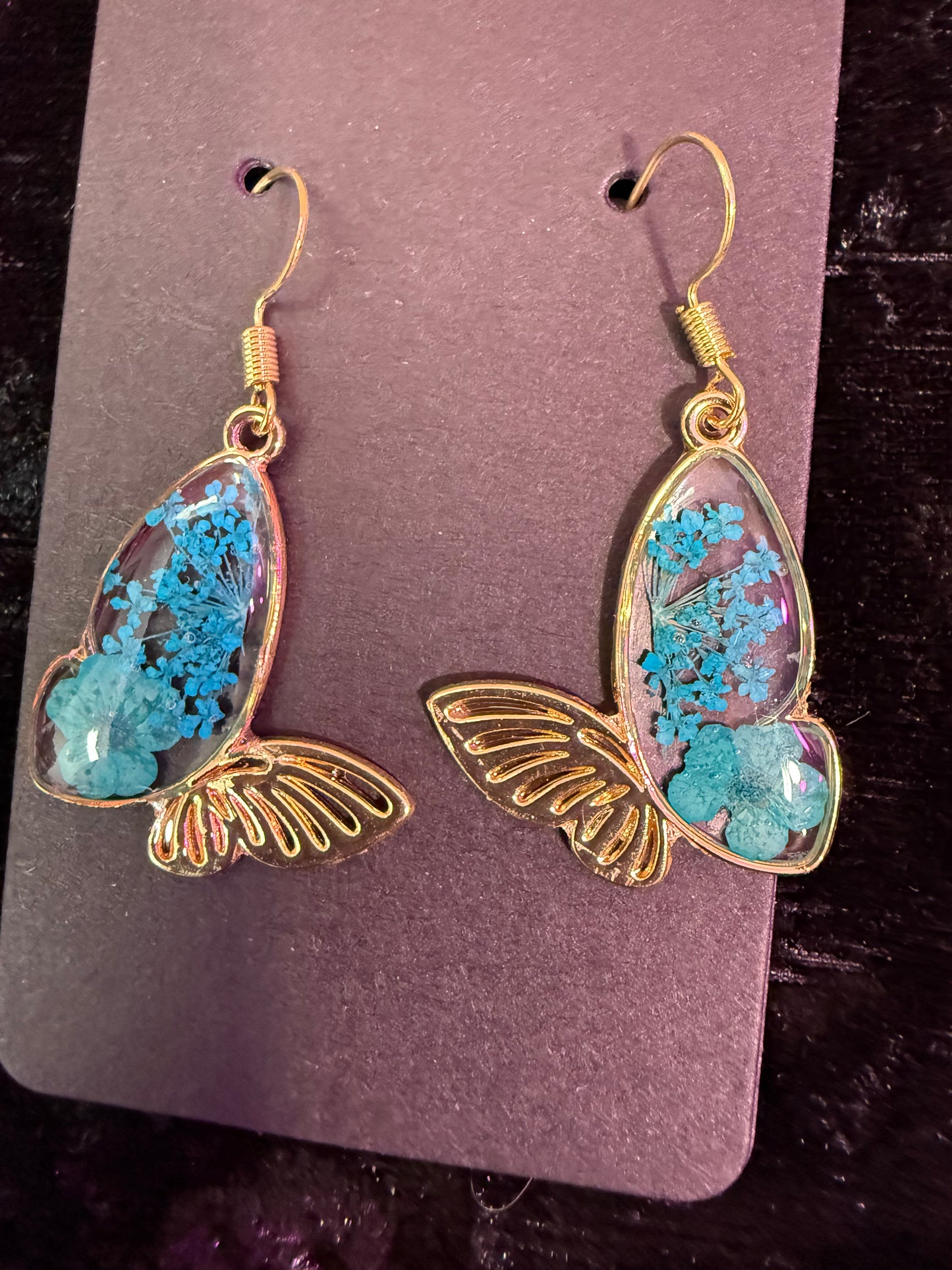 Teal dried flower butterfly earrings