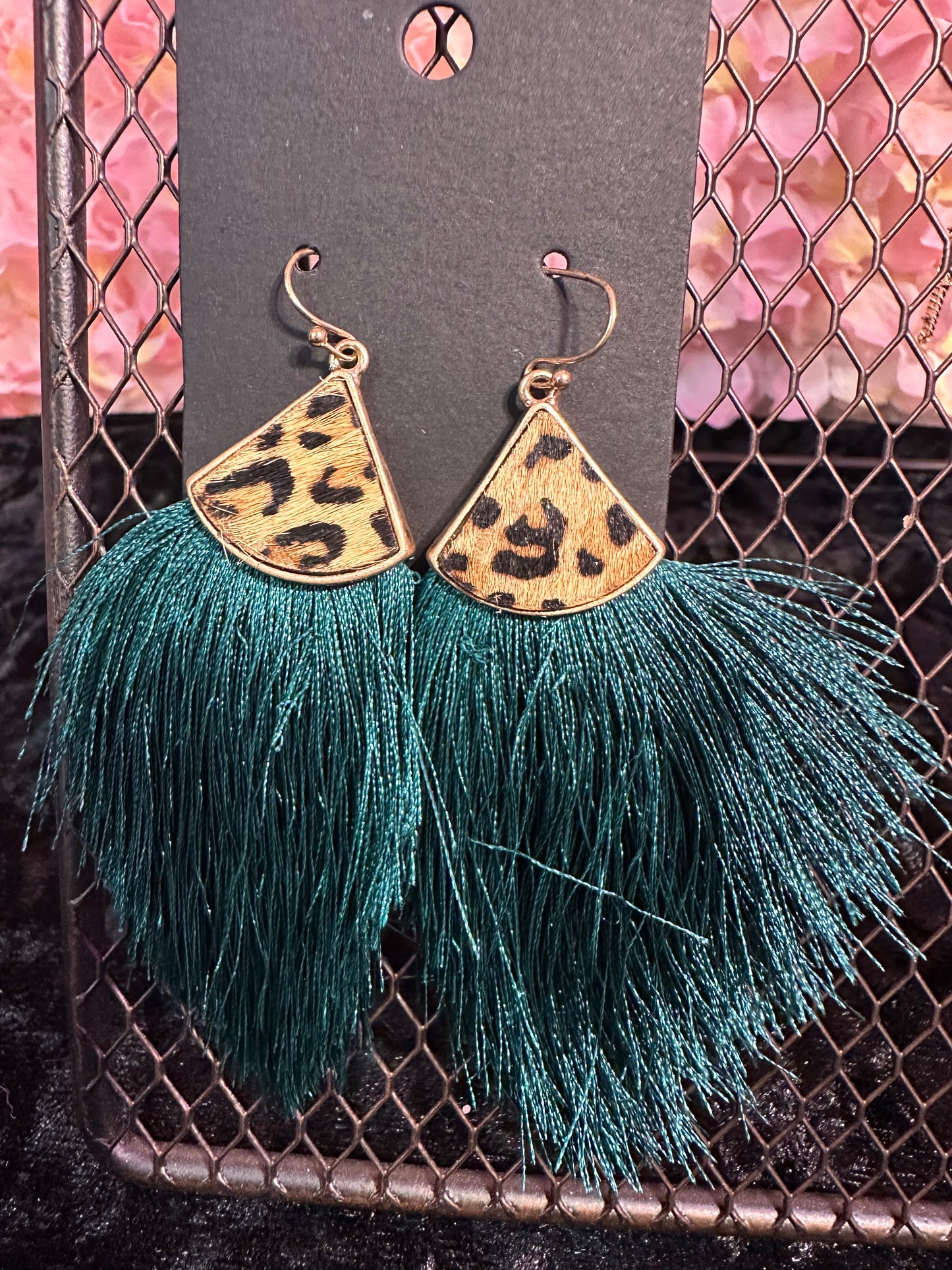 Teal animal print fringe earrings