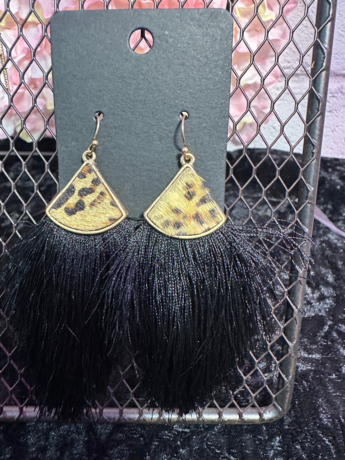 Black animal print fringe earrings