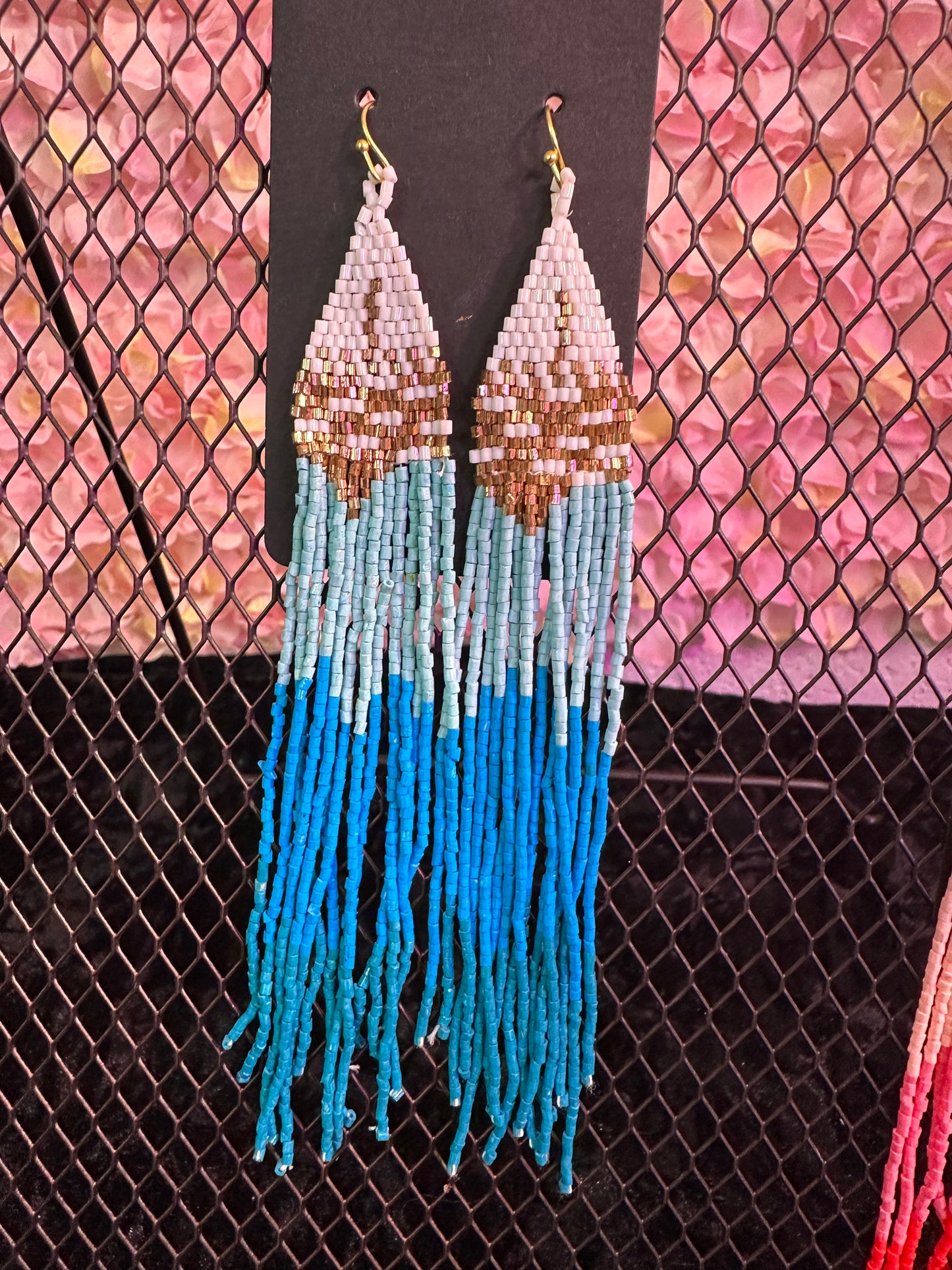Baby blue long beaded earrings