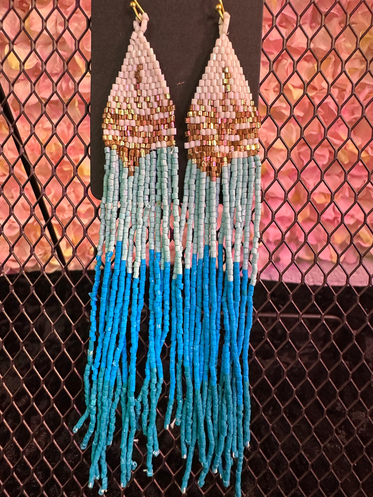 Baby blue long beaded earrings