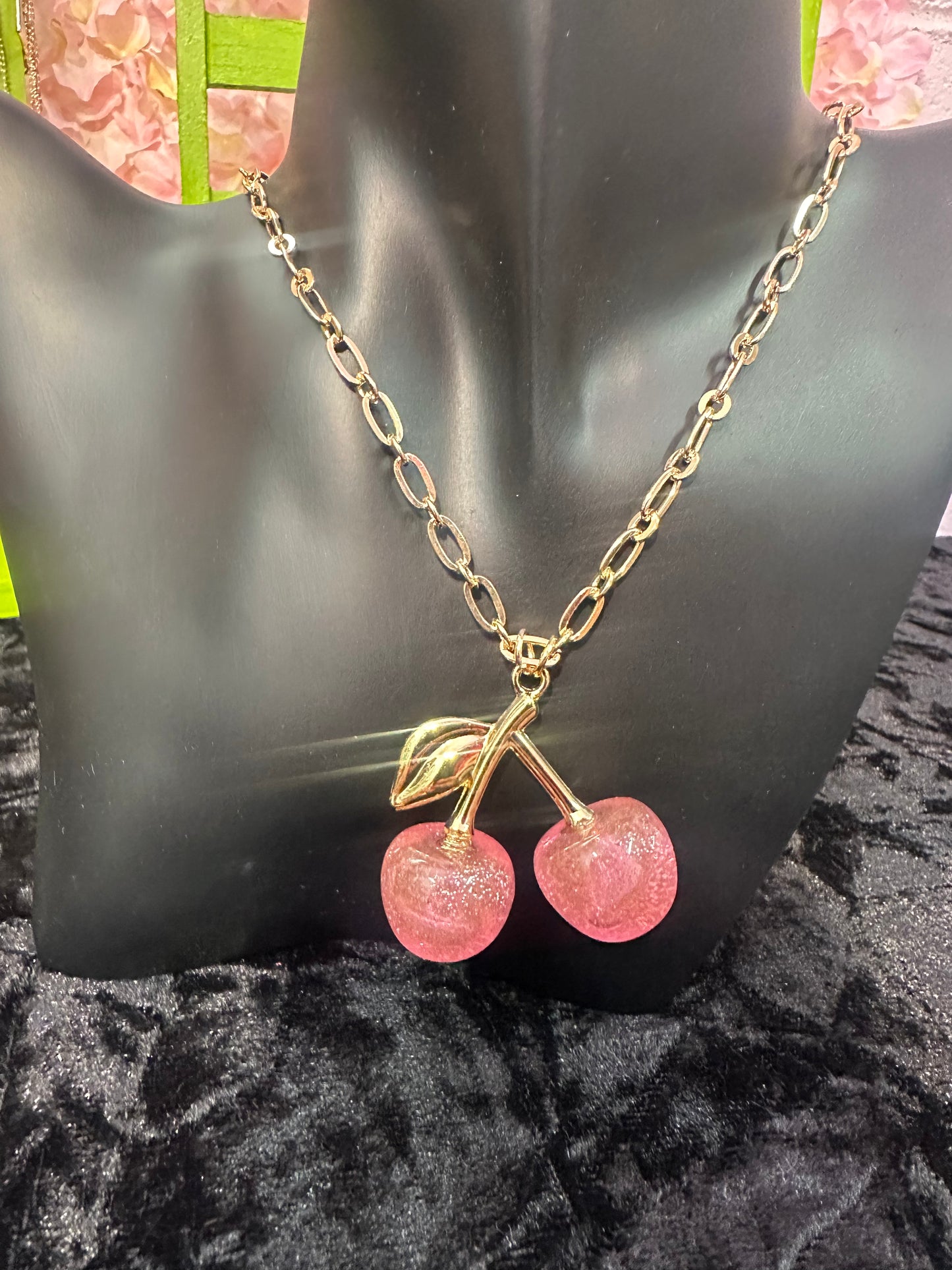 Pink- Glitter cherry chain necklace