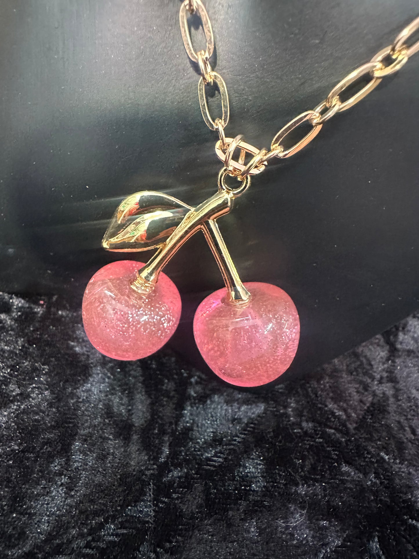 Pink- Glitter cherry chain necklace