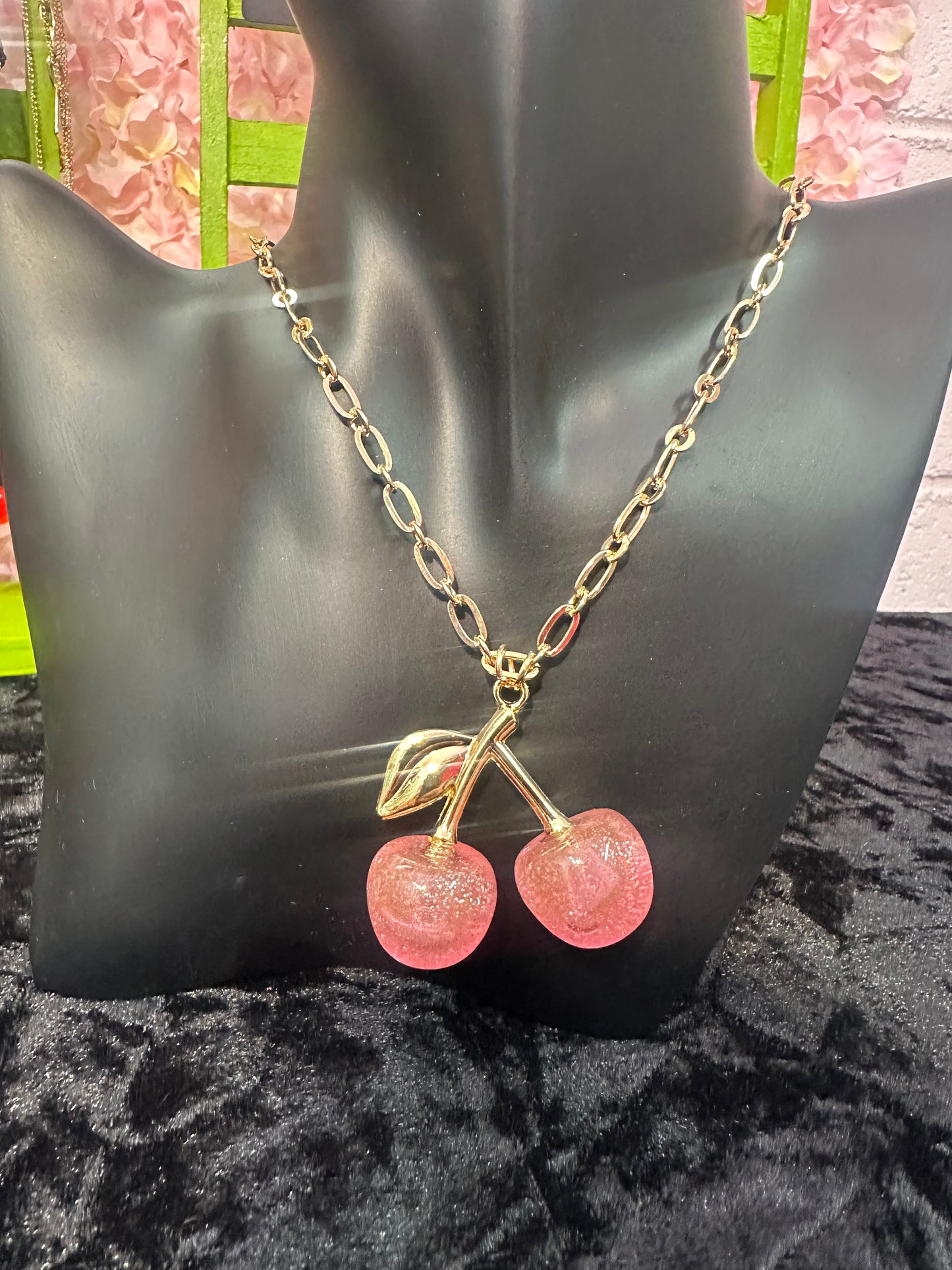 Pink- Glitter cherry chain necklace