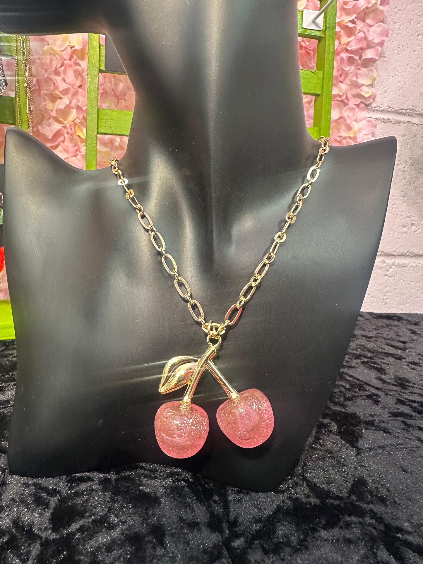 Pink- Glitter cherry chain necklace