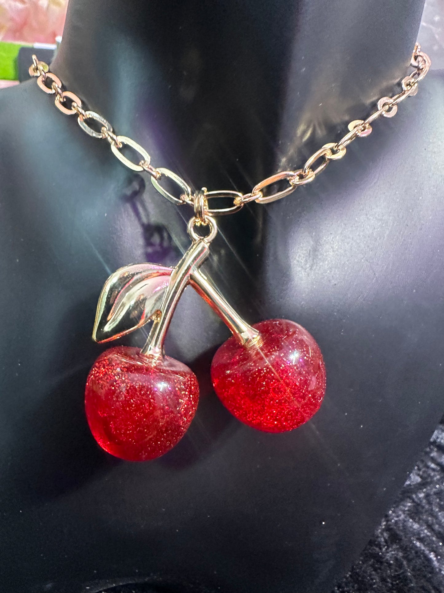 Glitter Cherry Baby Necklace-Red