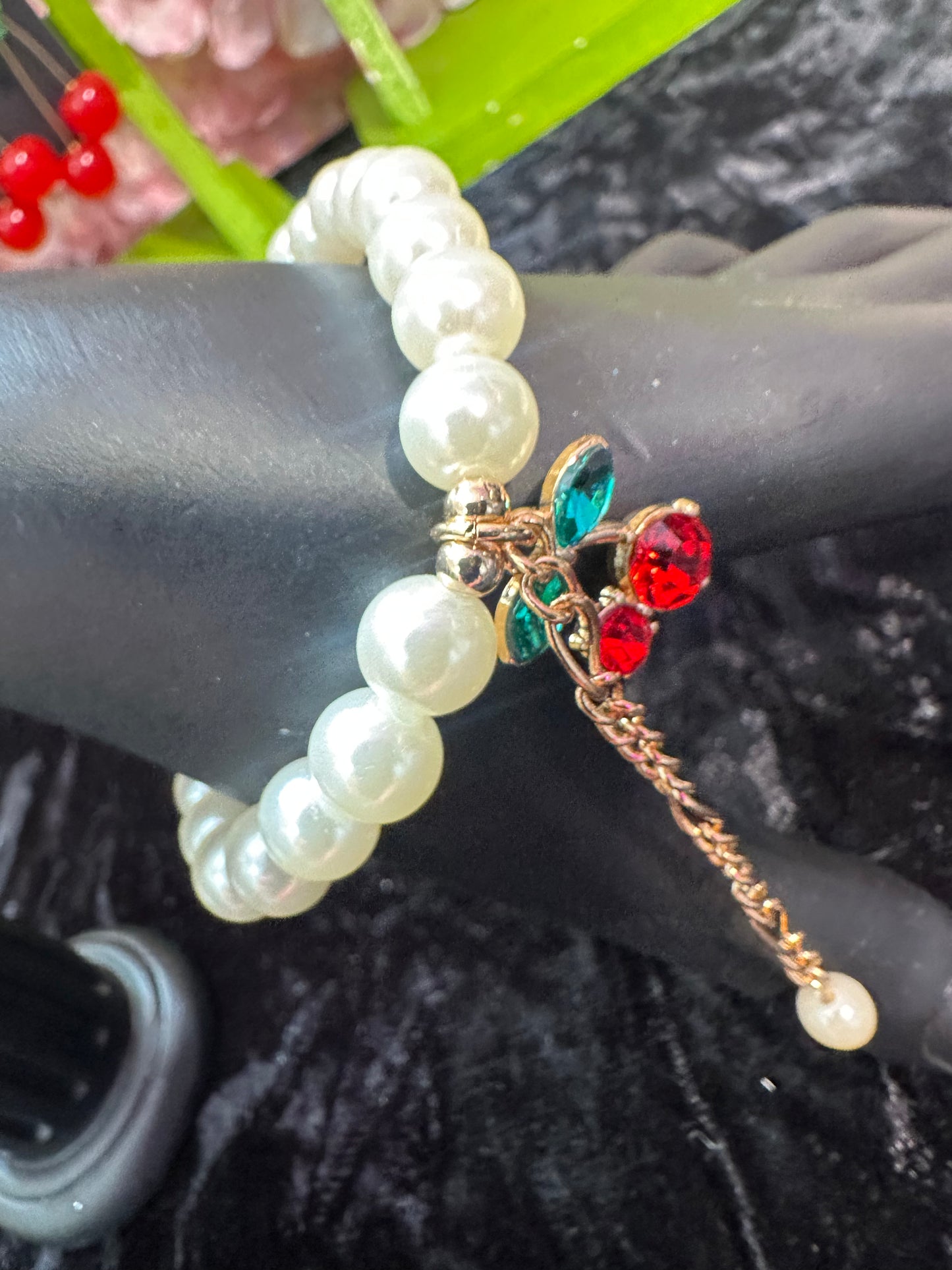 Cherry Baby Crystal Embellished Red Cherry Charm Bracelet