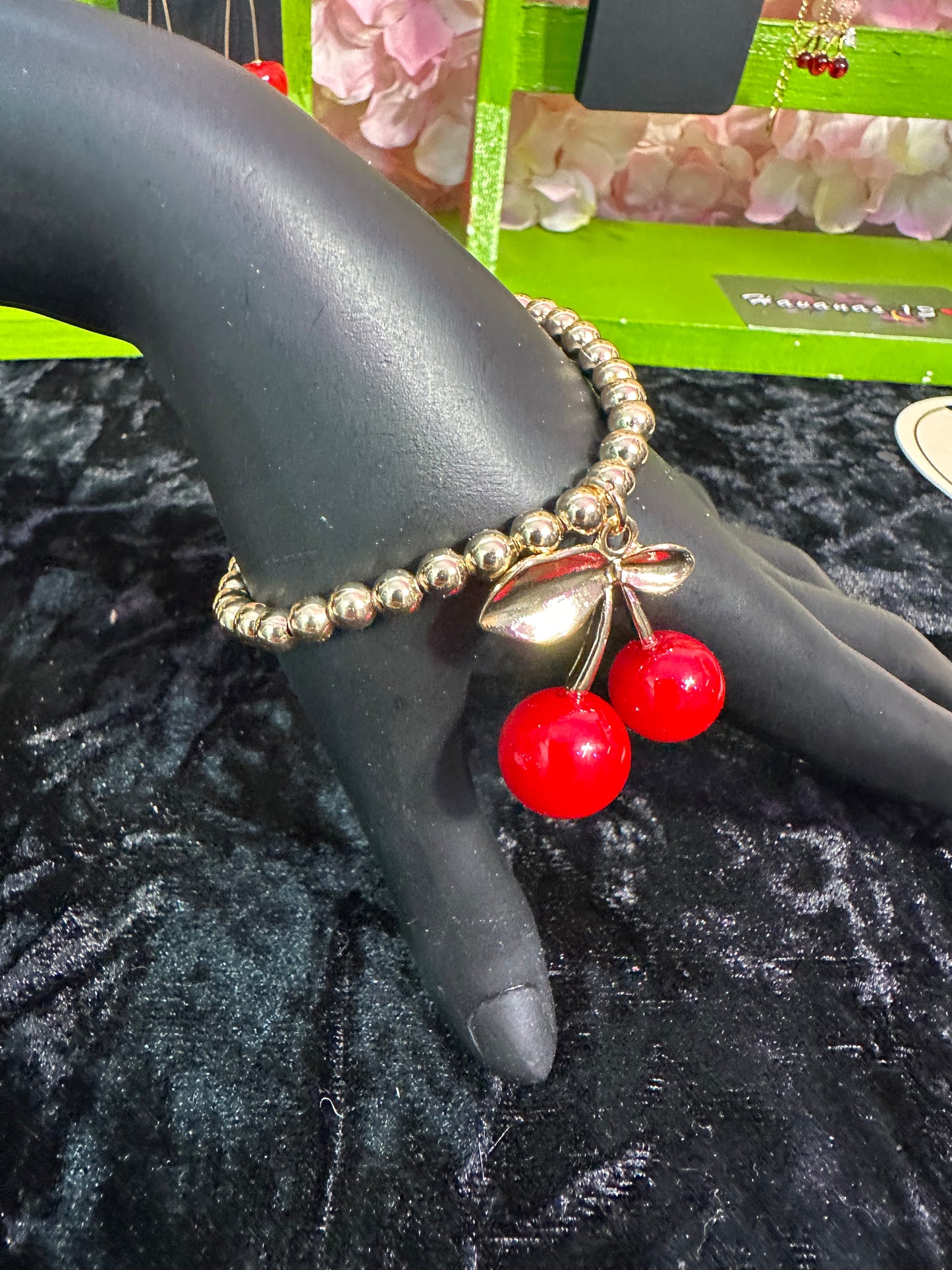 Cherry baby charm beaded bracelet