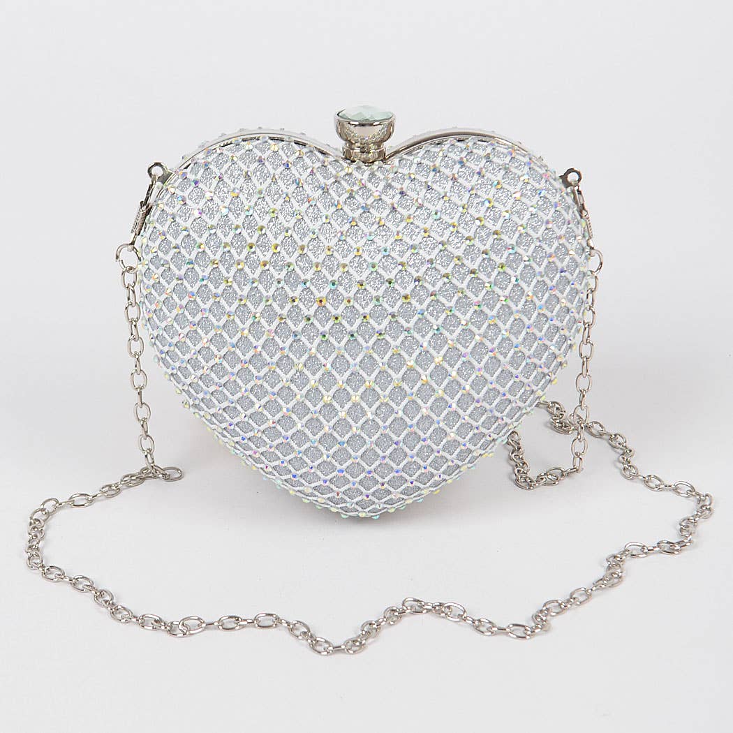 Heart Rhinestone Clutch: Silver