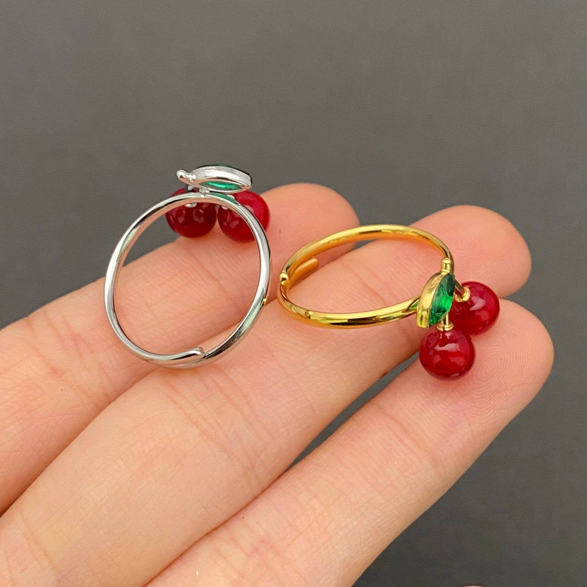Rhinestone Enamel Cherry 18K Gold Plated S.Steel Ring - Golden / 7