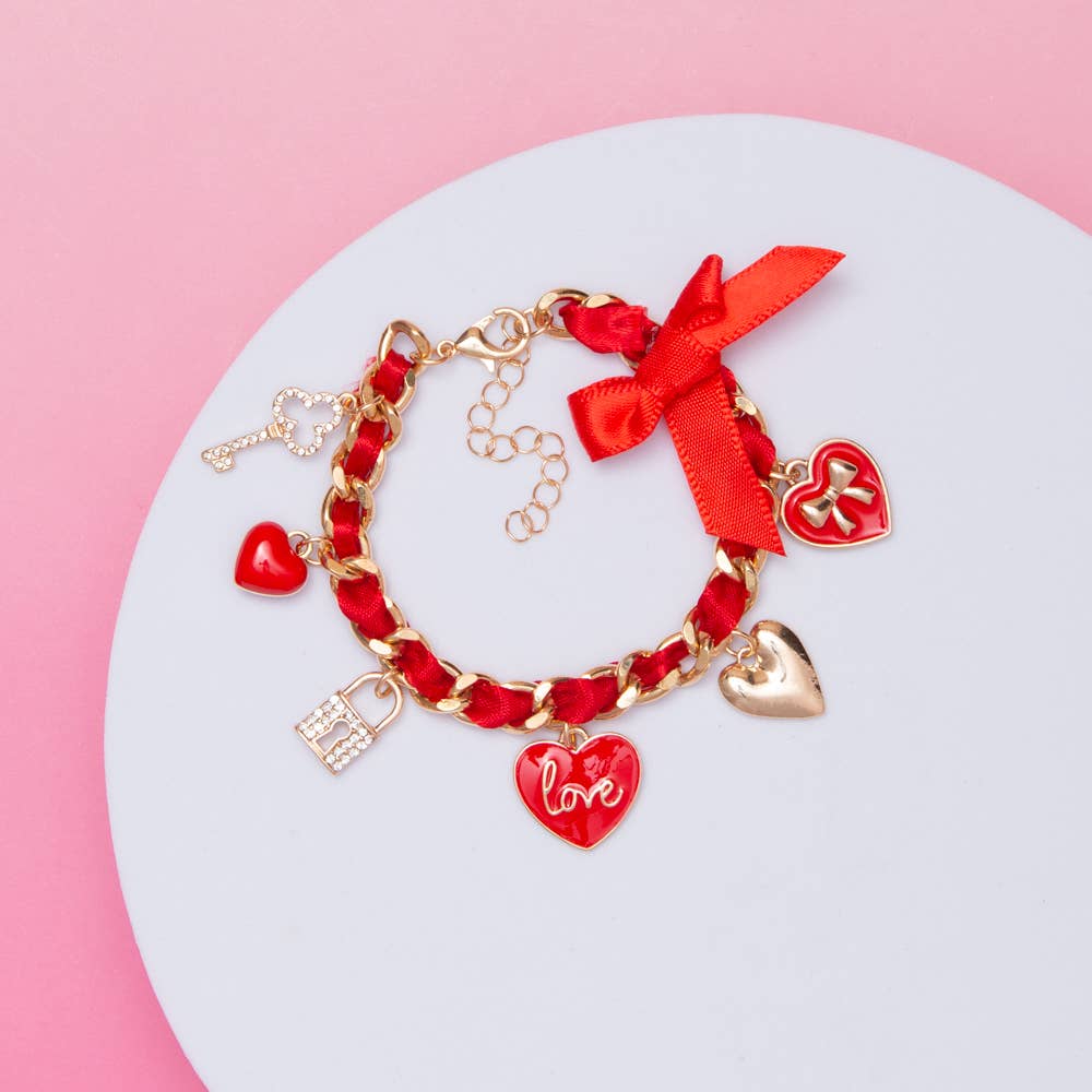 Valentines Day Charm Bracelet with Red Ribbon