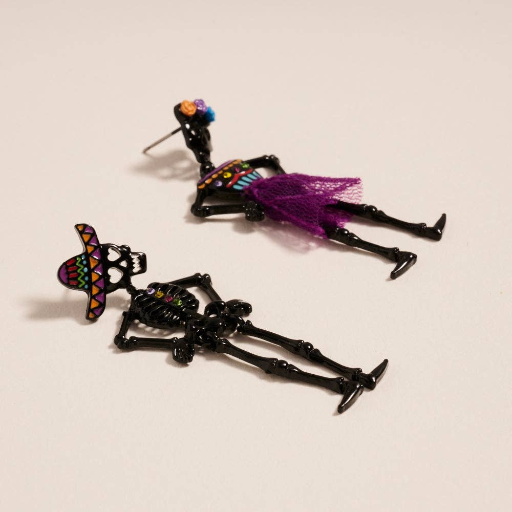 Day of the Dead Skeleton Couple Earrings Halloween: Black / ONE