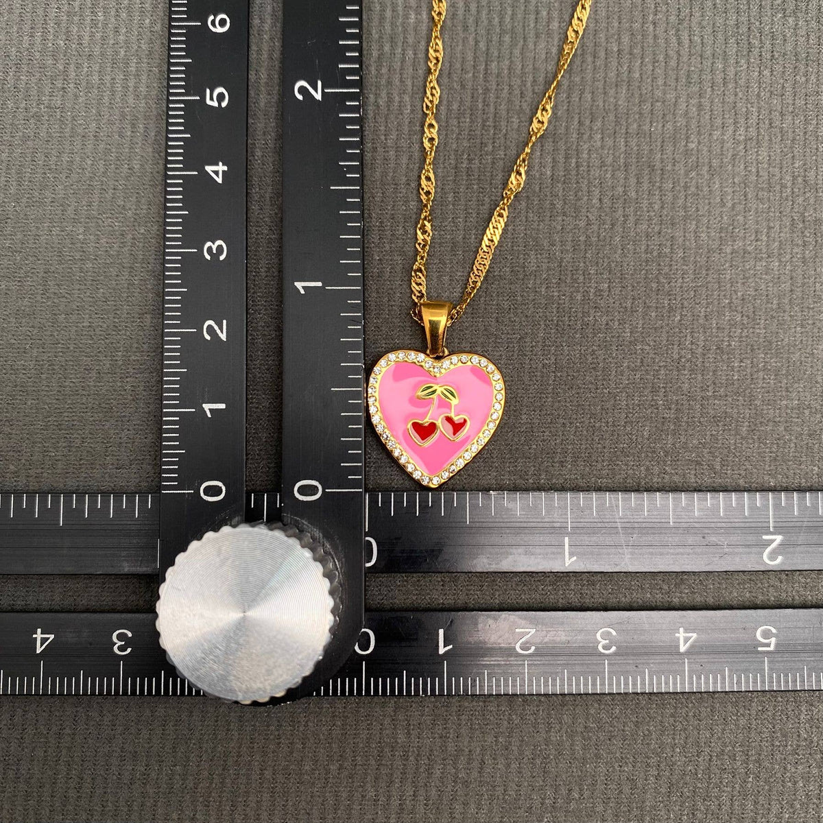 CZ Inlaid Enamel Cherry Heart 18K Golden SS Necklace