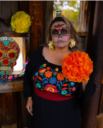 Multicolored Rhinestone and Fabric Dia de Los Muertos earrings