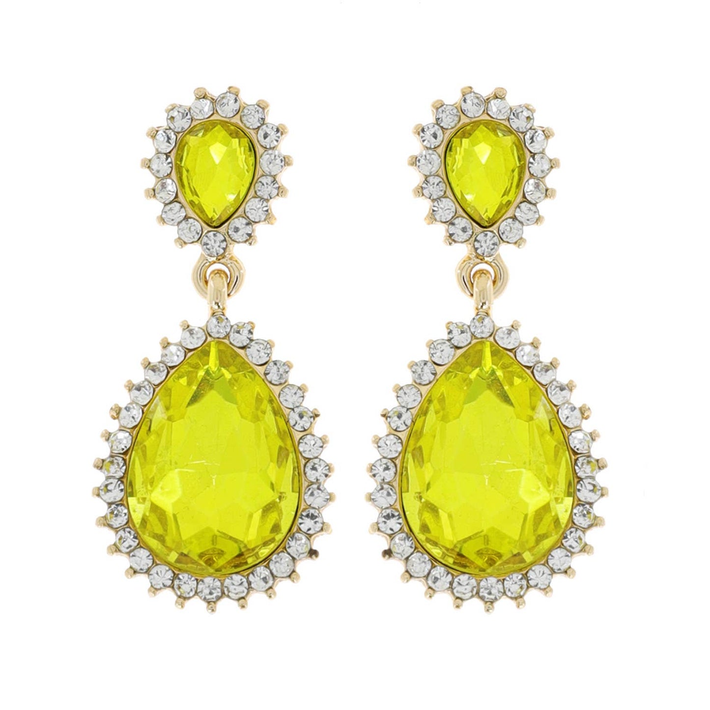 2-Tiered Rhinestone Teardrop Crystal w/ Halo Dangle Earrings: Yellow