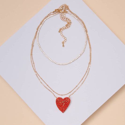 Layered Heart Necklace with Rhinestone Heart Pendant: Red