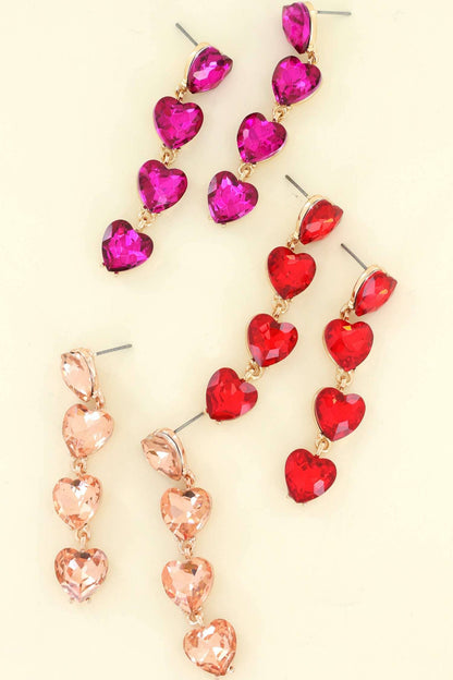 4-TIER CRYSTAL RHINESTONE HEART SHAPED EARRINGS pink
