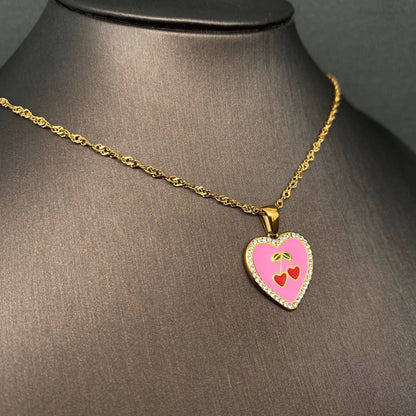 CZ Inlaid Enamel Cherry Heart 18K Golden SS Necklace