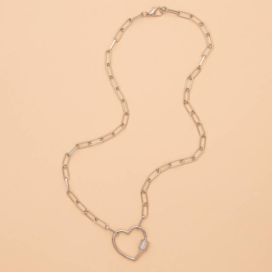 Cubic Zirconia Pave Cutout Heart Padlock Pendant Necklace: Silver