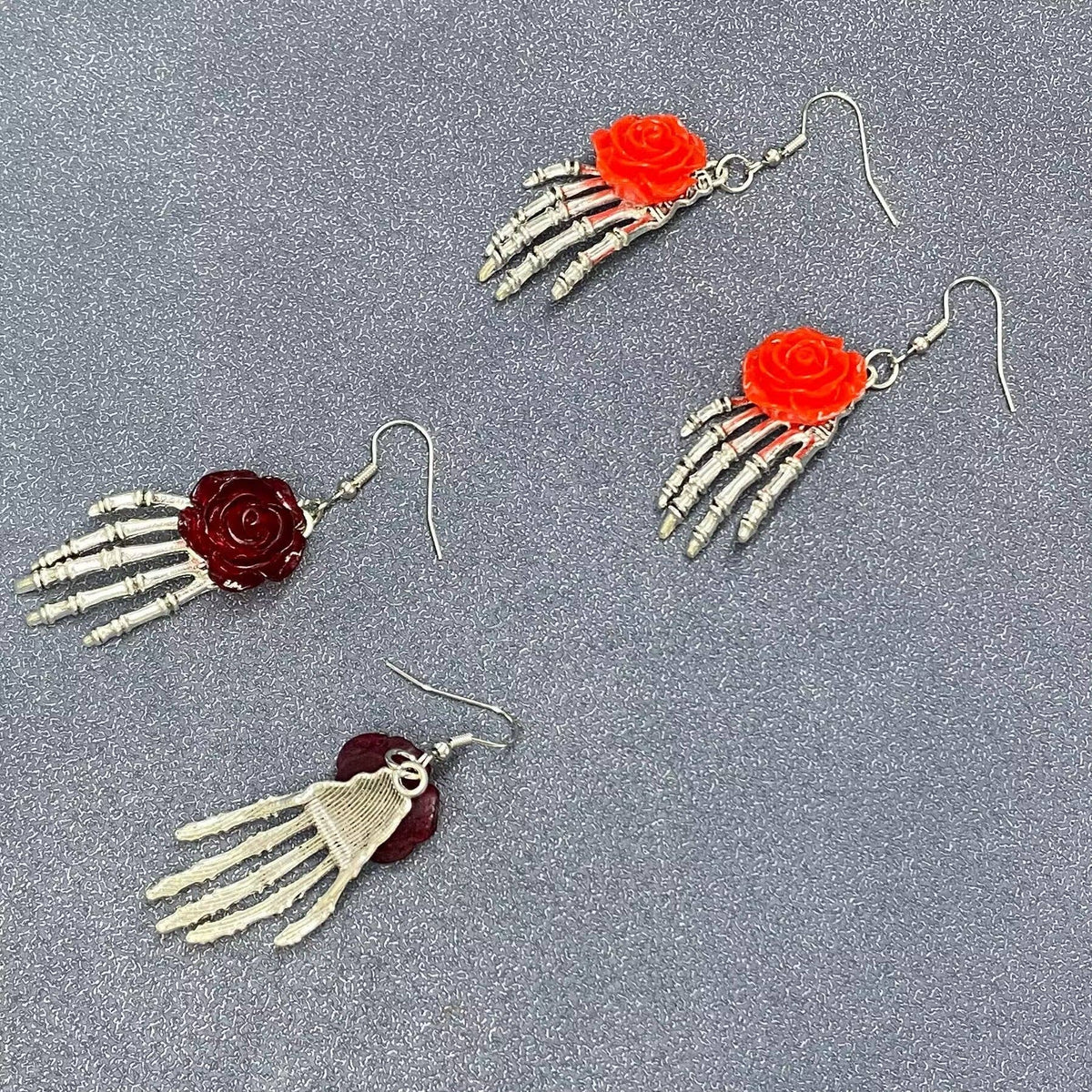 Red Gothic Rose Skeleton Hand Dangle Earrings
