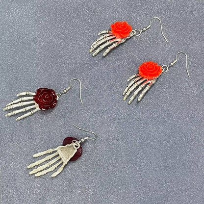Red Gothic Rose Skeleton Hand Dangle Earrings