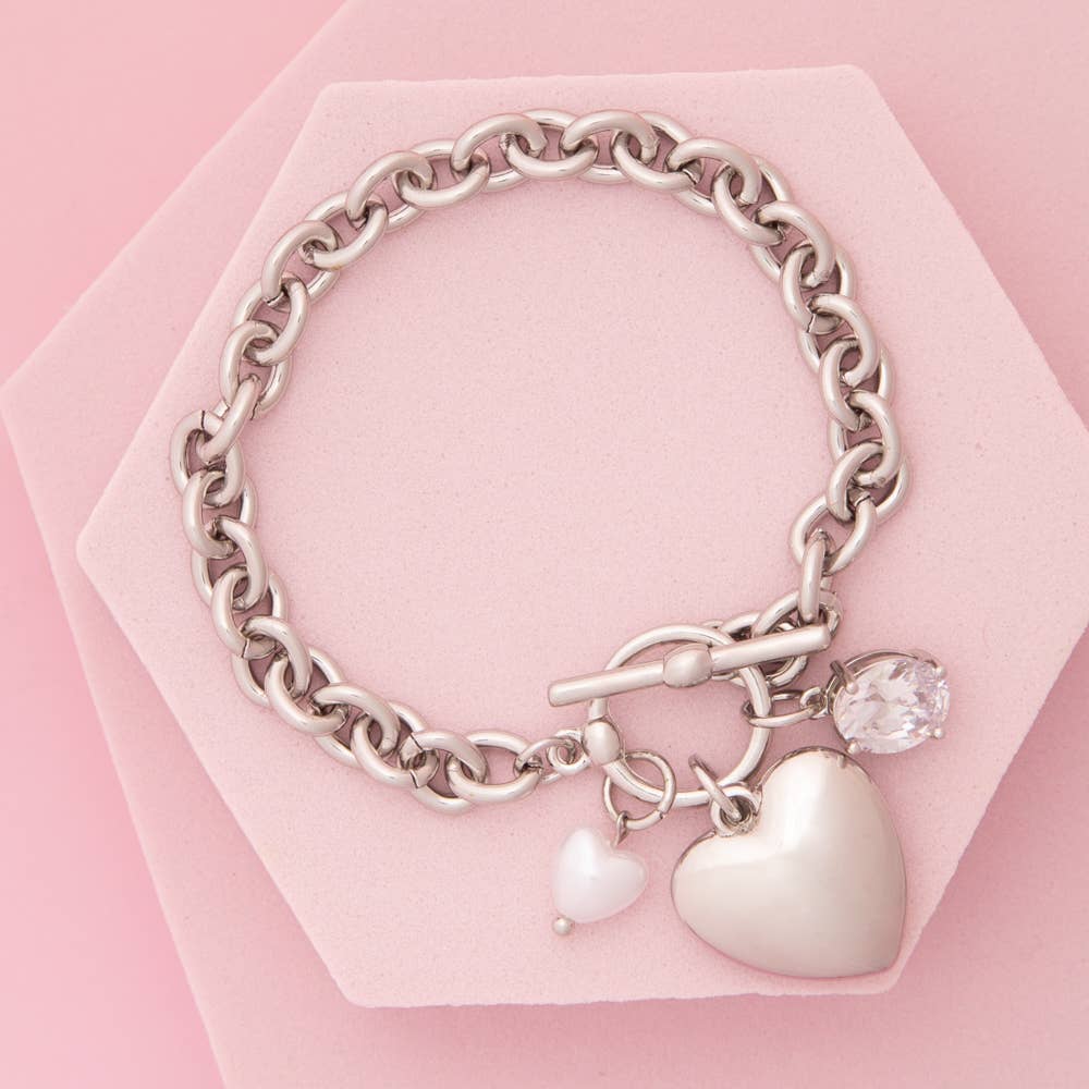 Heart Charm Chain Bracelet with Pearl and Crystal Accents: Silver
