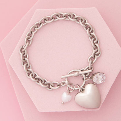 Heart Charm Chain Bracelet with Pearl and Crystal Accents: Silver