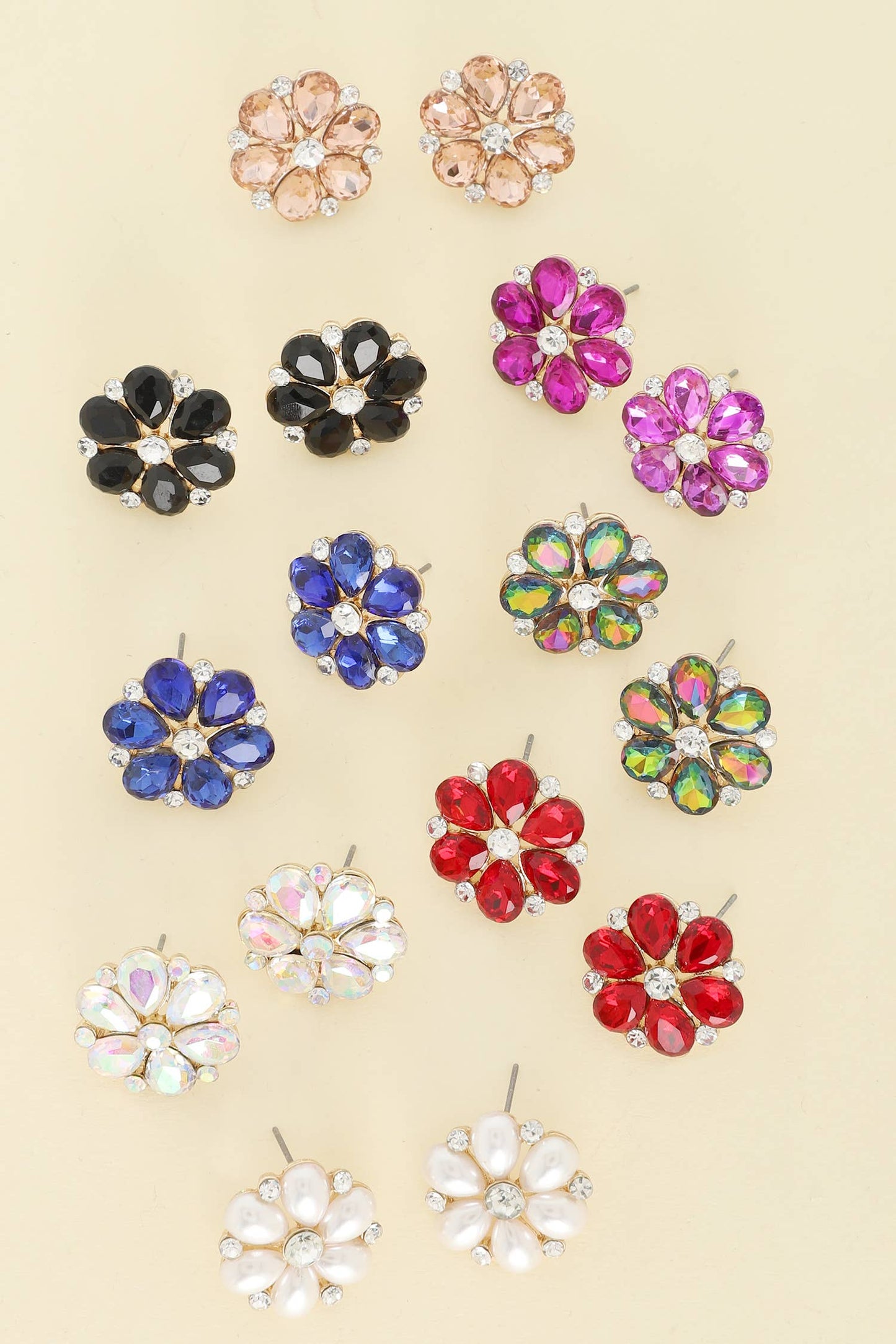 Floral Petal Cut Crystal Gemstone Stud Earrings: Green Rainbow