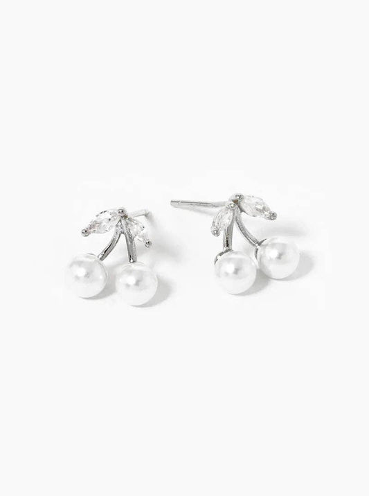 18K Gold Dipped Cz Pearl Dainty Cherry Stud Earrings: Rhodium