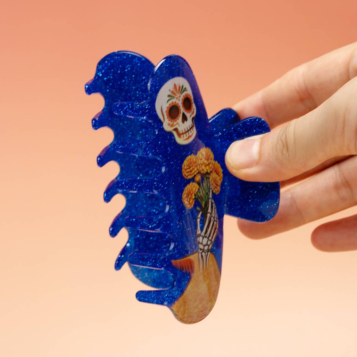 Sugar Skull Marigold Skeleton Halloween Hair Claw : Blue