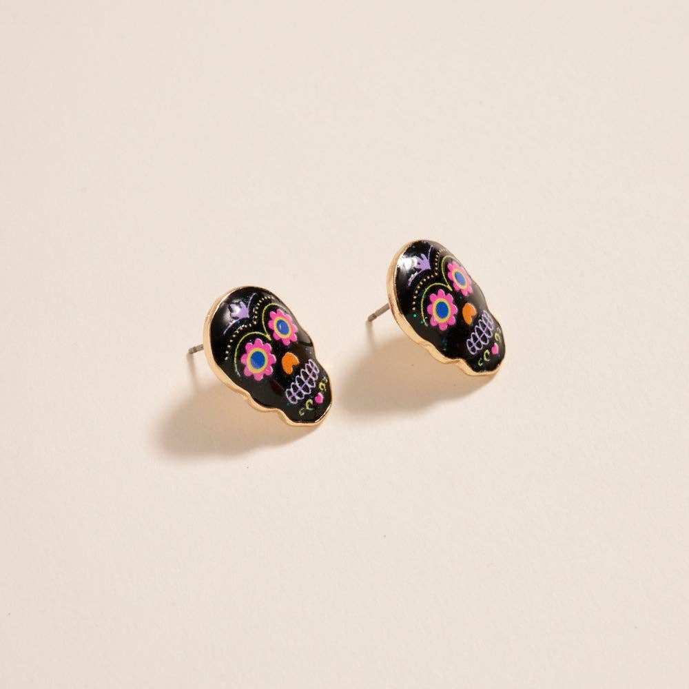 Sugar Skull Day of the Dead Post Earrings Jewelry: Jet Black / ONE
