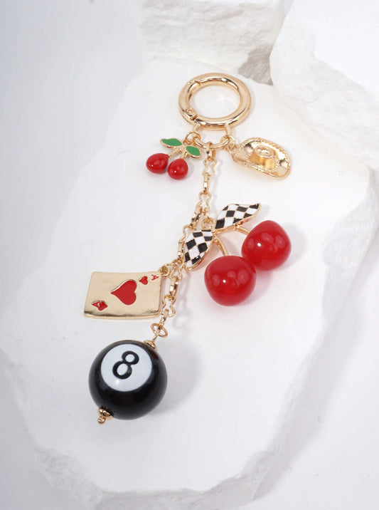 RETRO CHERRY & 8 BALL KEYCHAIN: Gold